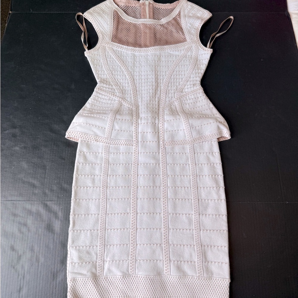 Herve Lager Metallic Alabaster and Rose Gold Bandage Dress with Peplum Waist